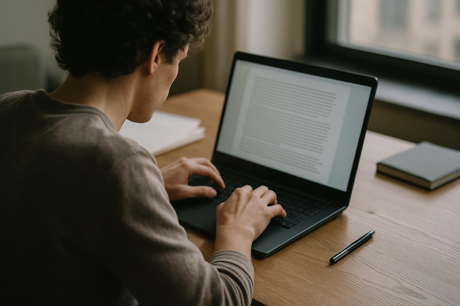 A maintenance professional writing a report on a laptop.