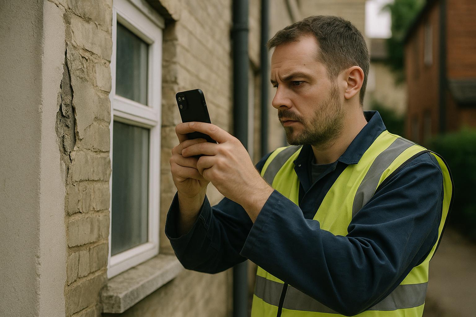 A maintenance worker photographing a building issue on a smartphone on site.