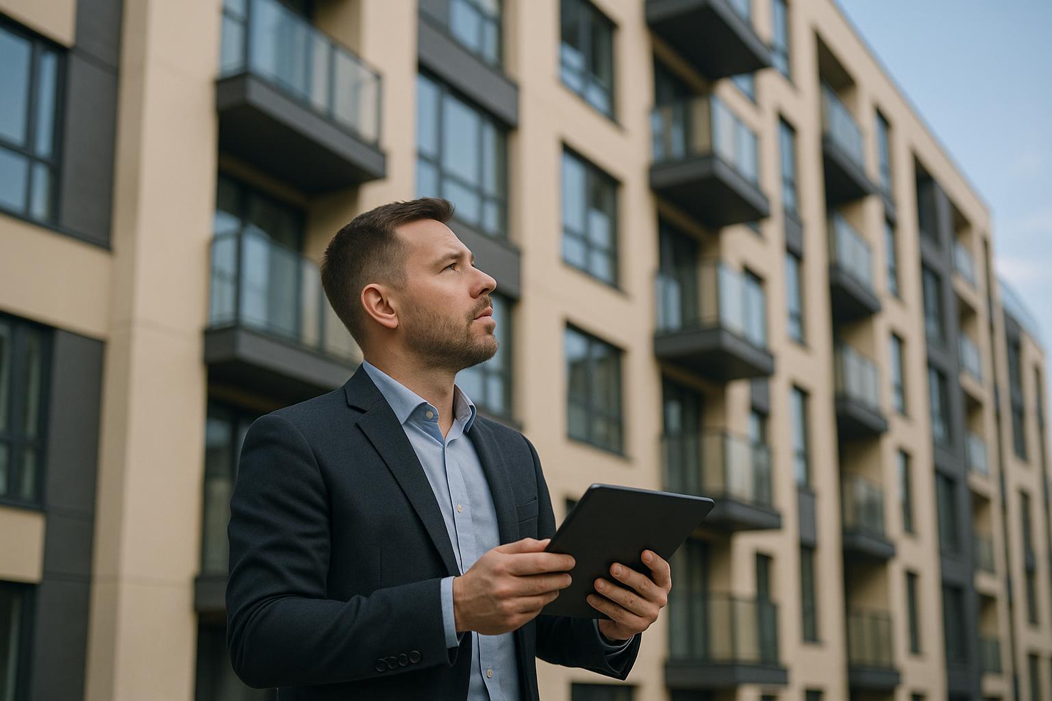 A property manager inspecting an apartment building exterior with a tablet.
